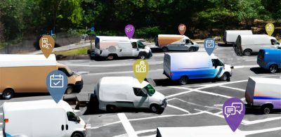 delivery vans with tracking icons above them